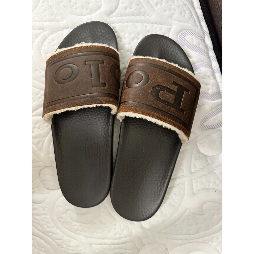 NWOB POLO RALPH LAUREN MEN'S SANDALS Suede Sherpa Lined Logo Slide SNUFF CAYSON - Picture 6 of 10